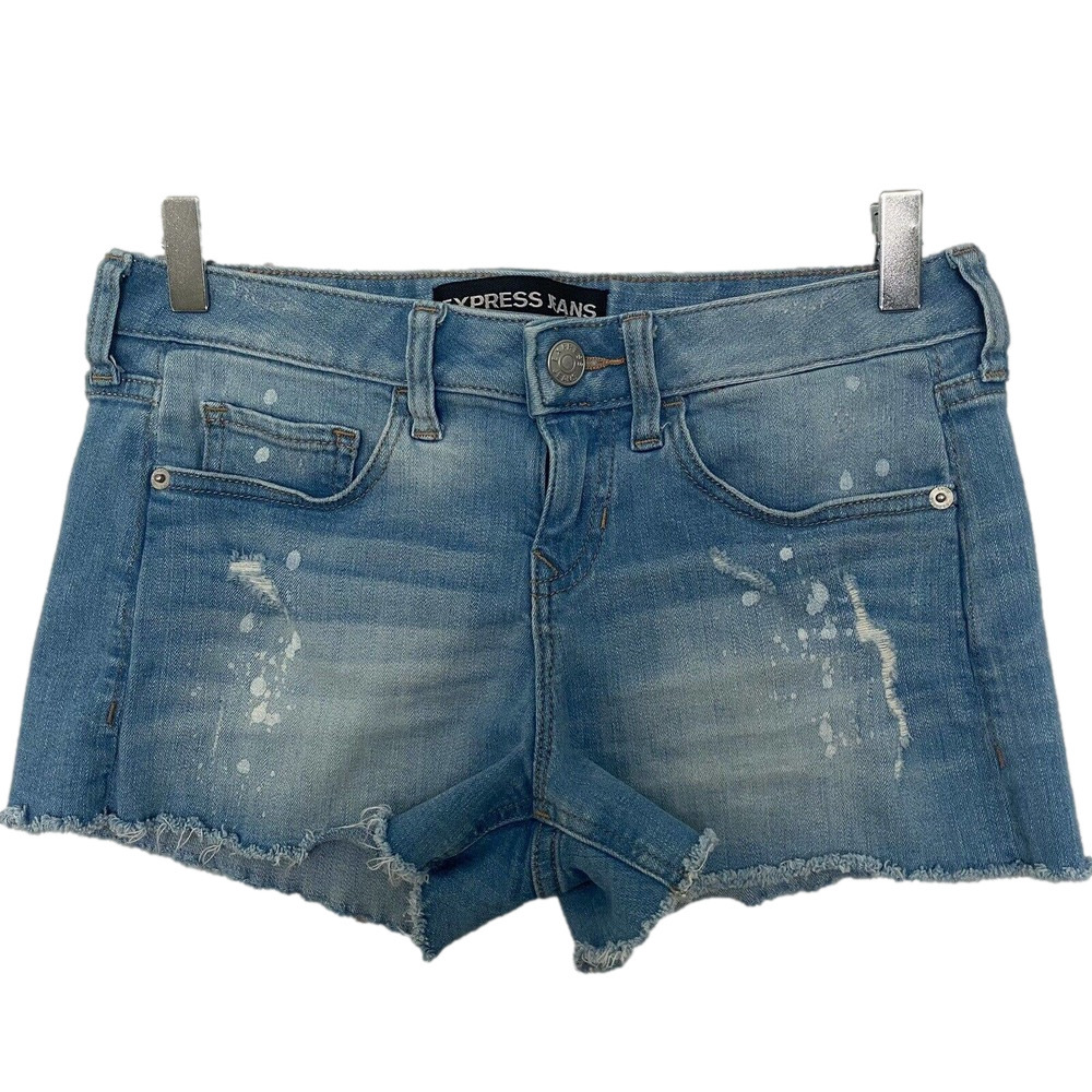 🌵 Express Jeans Y2K Low Rise Medium Wash Distressed Splattered Shorts - Size 0
